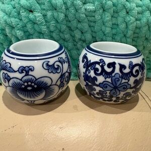 Vintage Bombay  Blue and White Ceramic Candle Holders. X2